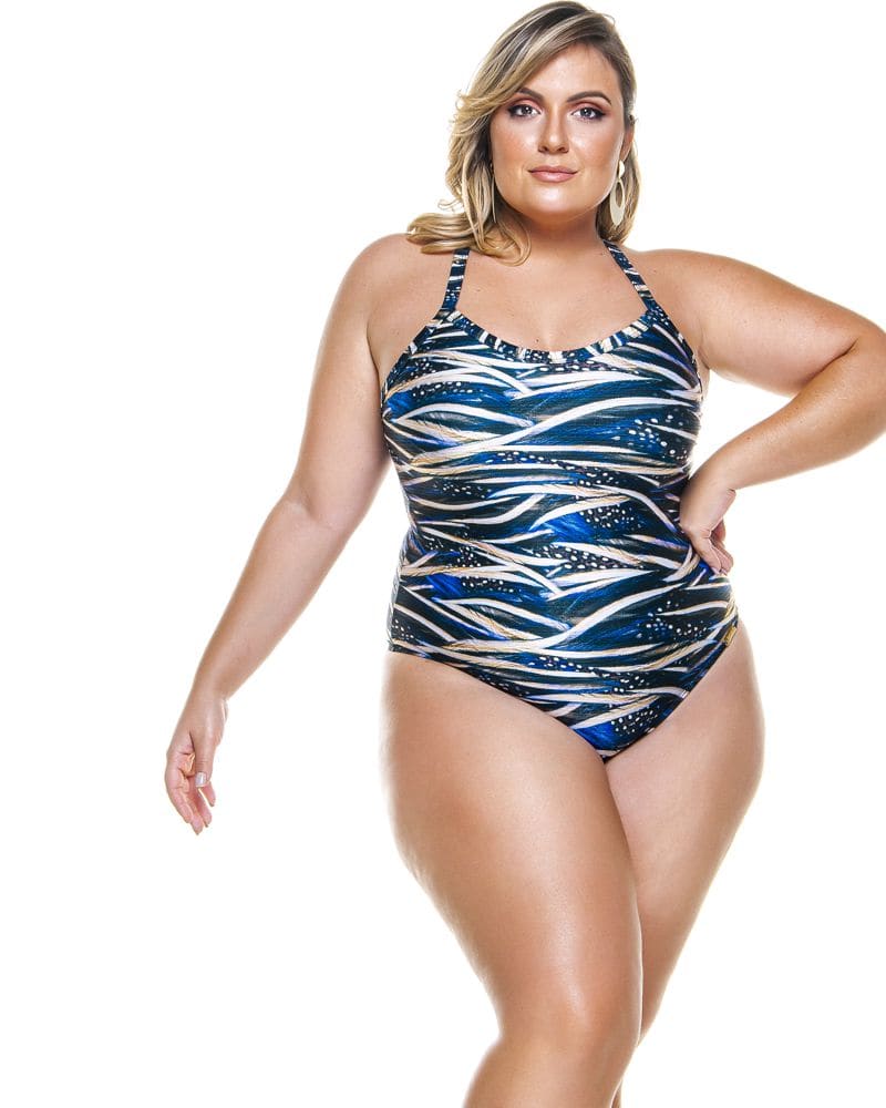 Front of a model wearing a size 20 Padded Swimsuit And Crossed Back in Blue Feathers by Lehona. | dia_product_style_image_id:267615